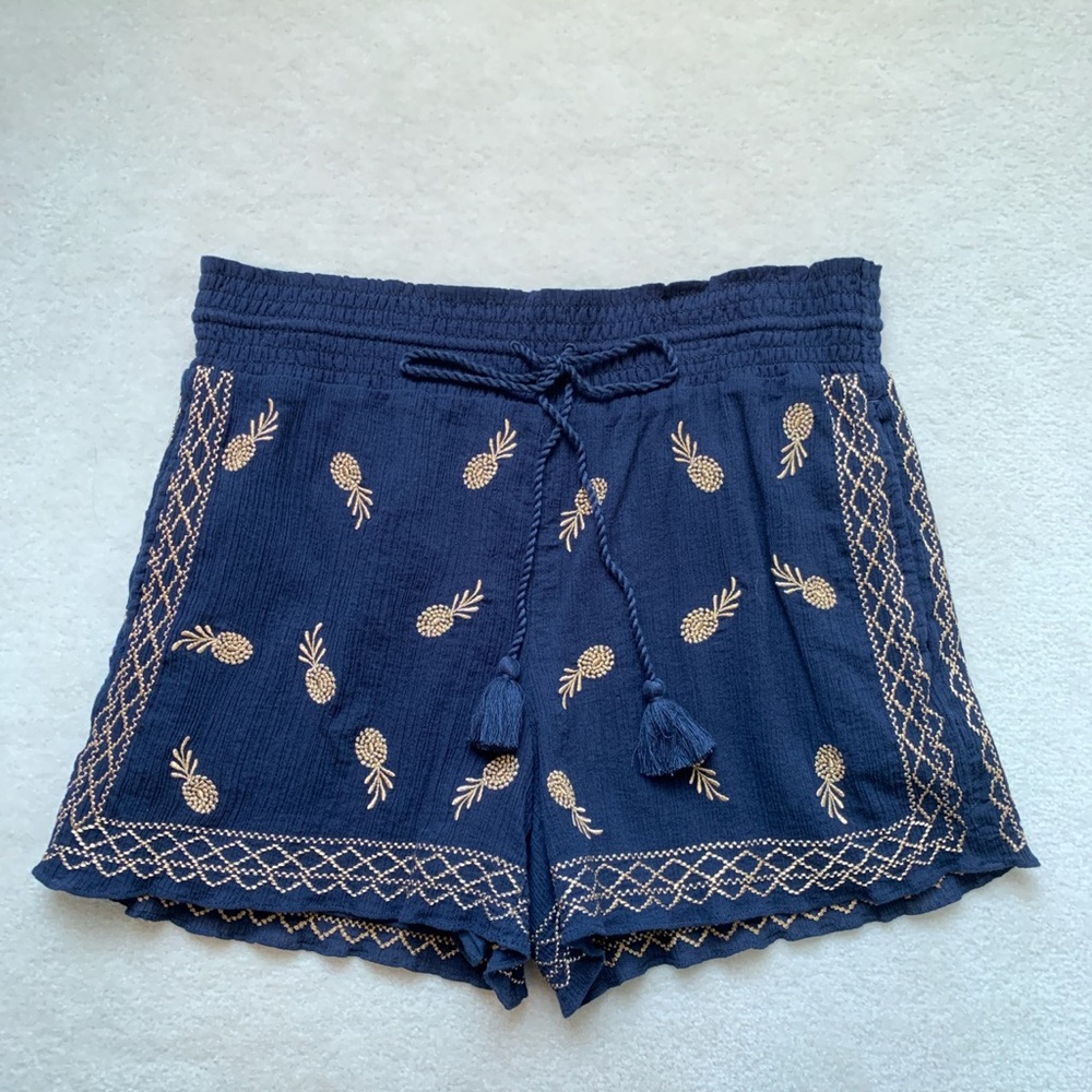 J Crew High Rise Gold Pineapple Embroidered Shorts